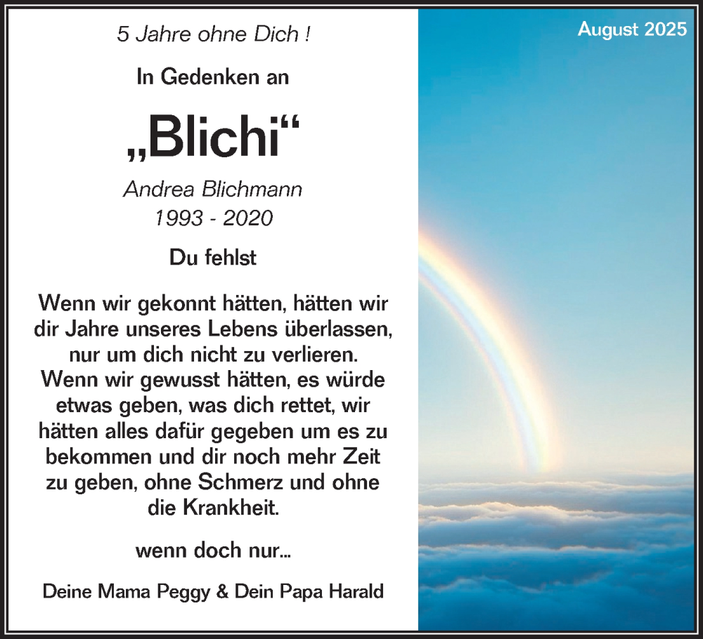  Traueranzeige für Andrea Blichmann vom 16.08.2025 aus Lausitzer Rundschau