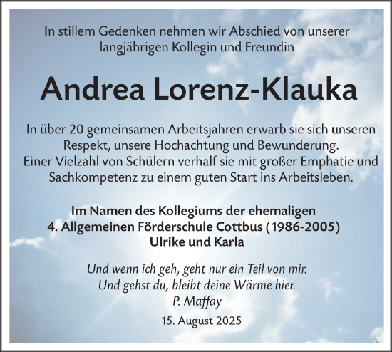Traueranzeige von Andrea Lorenz-Klauka von Lausitzer Rundschau