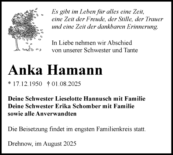 Traueranzeige von Anka Hamann von Lausitzer Rundschau