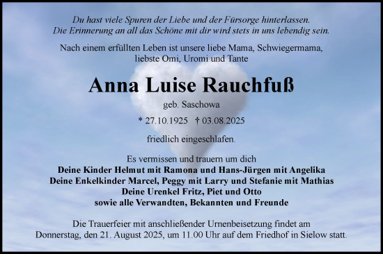 Traueranzeige von Anna Luise Rauchfuß von Lausitzer Rundschau