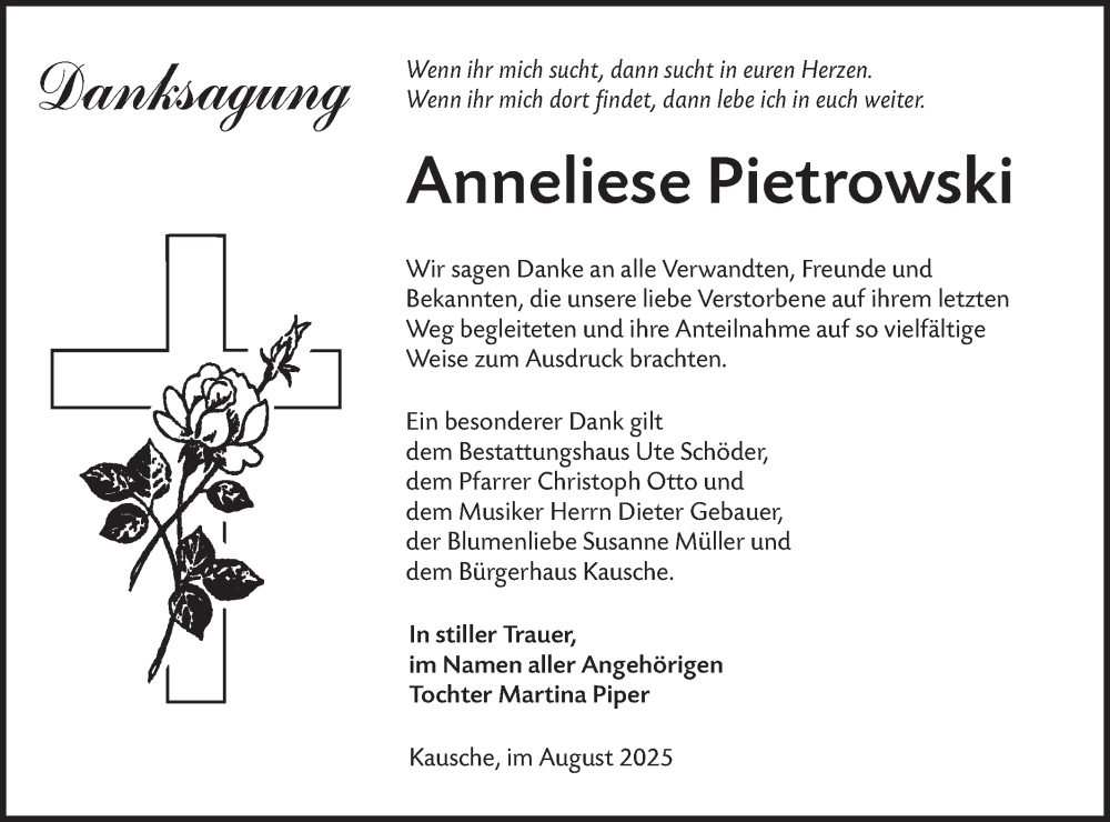  Traueranzeige für Anneliese Pietrowski vom 30.08.2025 aus Lausitzer Rundschau