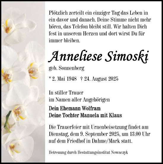 Traueranzeige von Anneliese Simoski von Lausitzer Rundschau