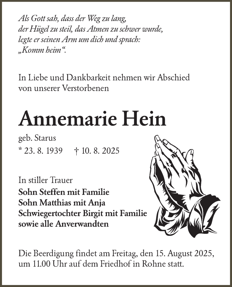  Traueranzeige für Annemarie Hein vom 13.08.2025 aus Lausitzer Rundschau