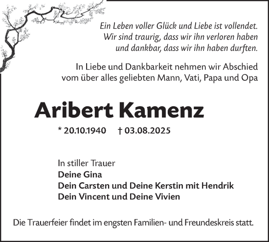 Traueranzeige von Aribert Kamenz von Lausitzer Rundschau