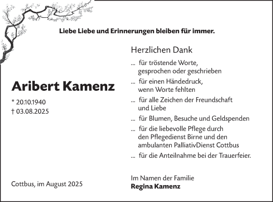 Traueranzeige von Aribert Kamenz von Lausitzer Rundschau