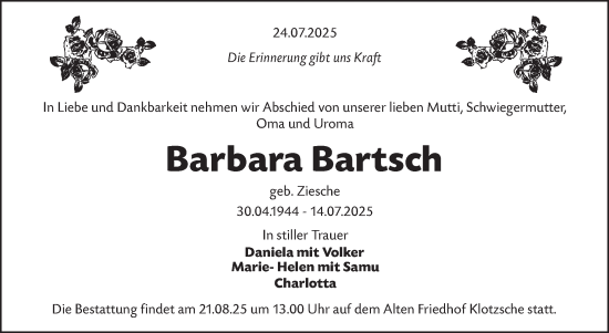 Traueranzeige von Barbara Bartsch von Lausitzer Rundschau
