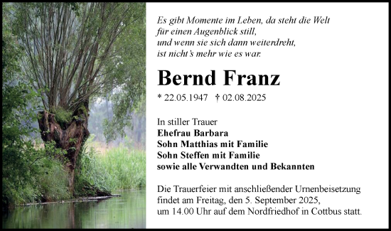 Traueranzeige von Bernd Franz von Lausitzer Rundschau