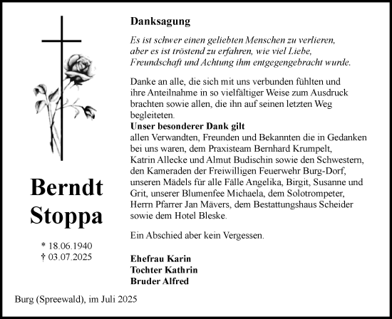 Traueranzeige von Berndt Stoppa von Lausitzer Rundschau