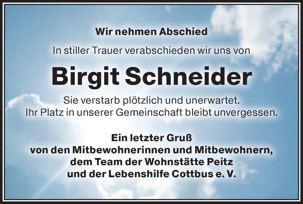  Traueranzeige für Birgit Schneider vom 02.08.2025 aus Lausitzer Rundschau