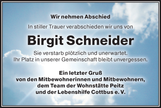 Traueranzeige von Birgit Schneider von Lausitzer Rundschau