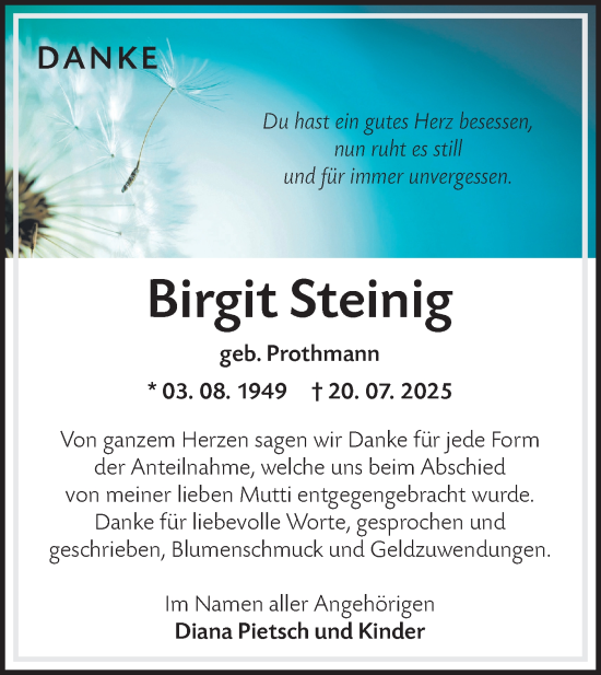 Traueranzeige von Birgit Steinig von Lausitzer Rundschau