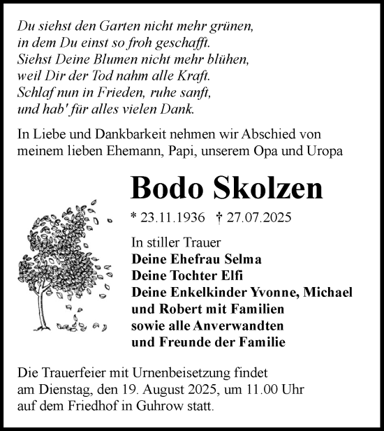 Traueranzeige von Bodo Skolzen von Lausitzer Rundschau