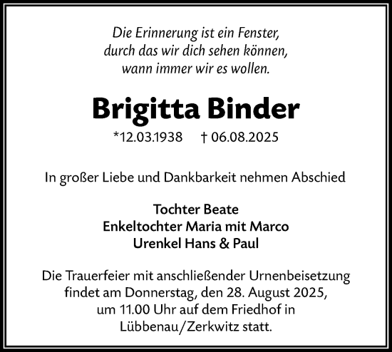 Traueranzeige von Brigitta Binder von Lausitzer Rundschau