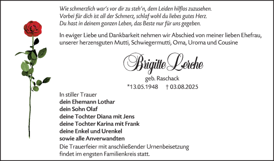 Traueranzeige von Brigitte Lerche von Lausitzer Rundschau