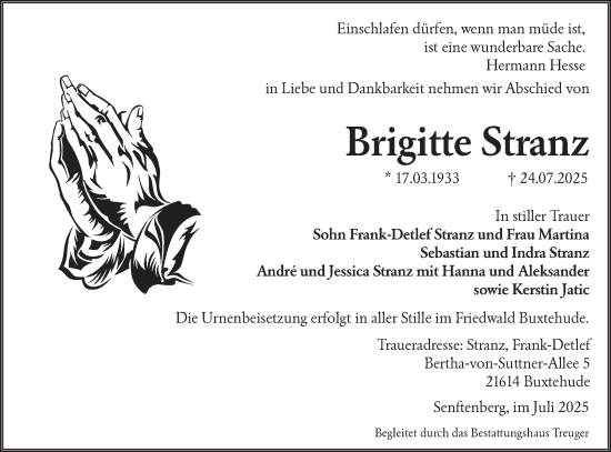 Traueranzeige von Brigitte Stranz von Lausitzer Rundschau