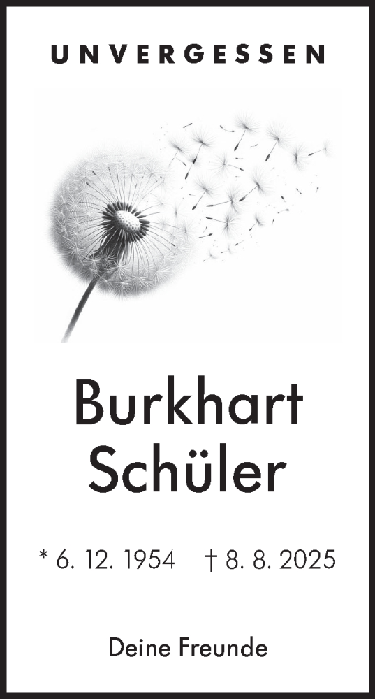  Traueranzeige für Burkhart Schüler vom 30.08.2025 aus Lausitzer Rundschau