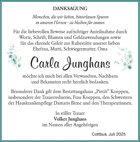 Traueranzeige von Carla Junghans von Lausitzer Rundschau