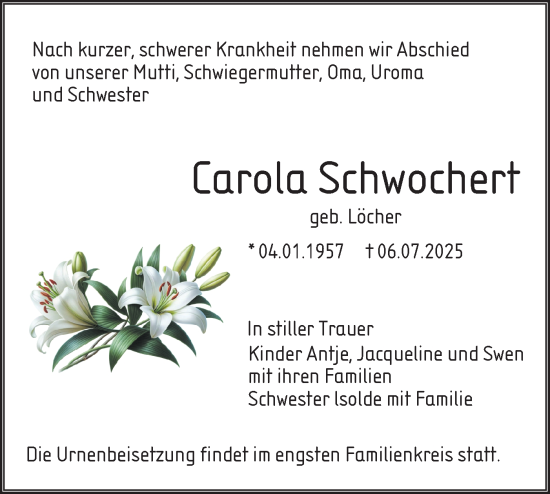 Traueranzeige von Carola Schwochert von Lausitzer Rundschau