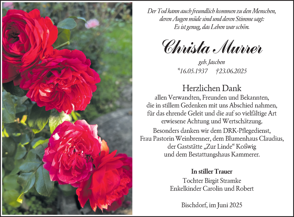  Traueranzeige für Christa Murrer vom 16.08.2025 aus Lausitzer Rundschau