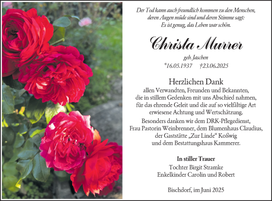 Traueranzeige von Christa Murrer von Lausitzer Rundschau