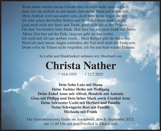 Traueranzeige von Christa Nather von Lausitzer Rundschau