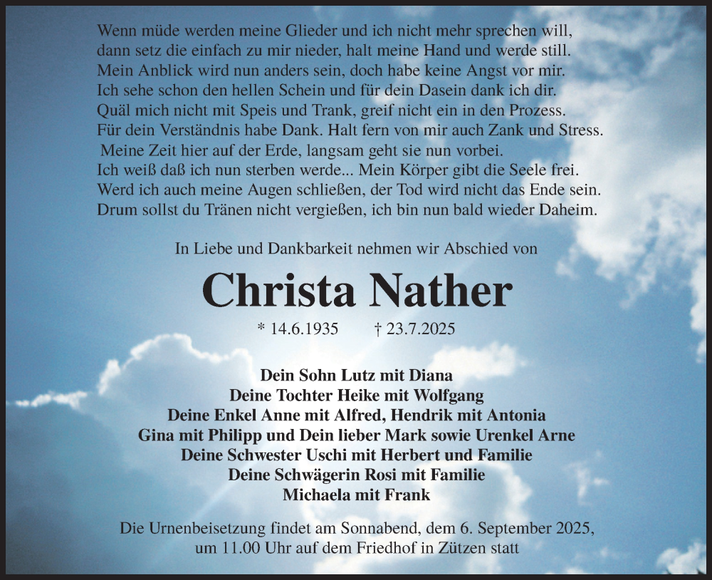  Traueranzeige für Christa Nather vom 02.08.2025 aus Lausitzer Rundschau