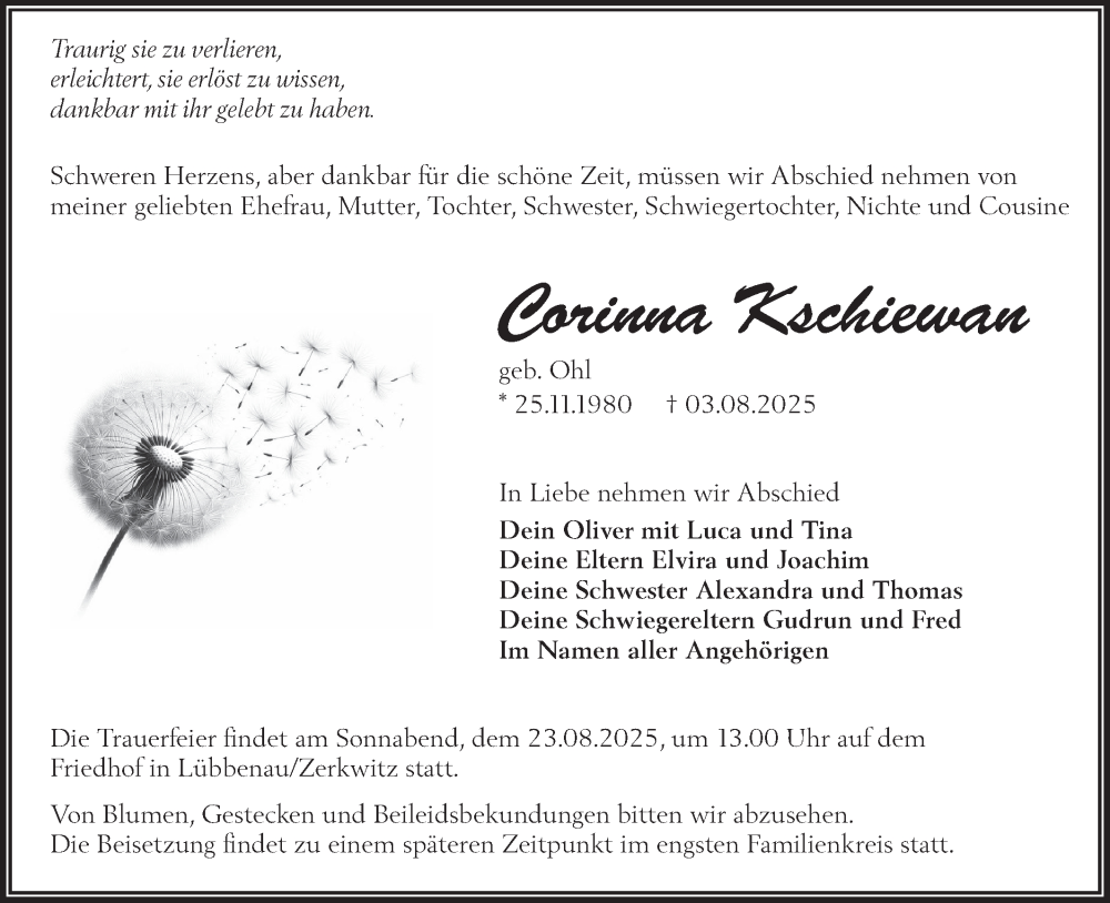  Traueranzeige für Corinna Kschiewan vom 16.08.2025 aus Lausitzer Rundschau