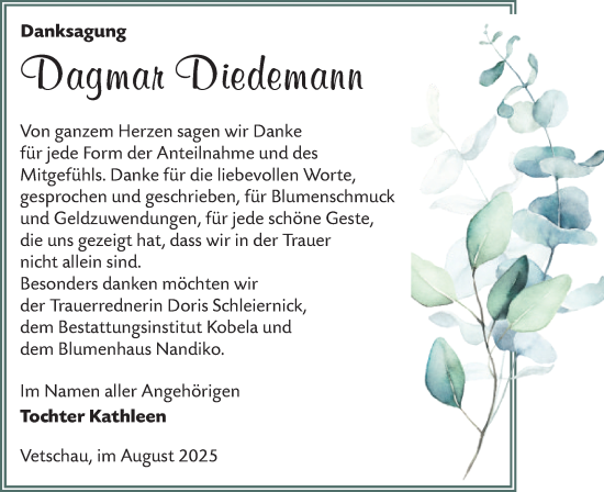 Traueranzeige von Dagmar Diedemann von Lausitzer Rundschau