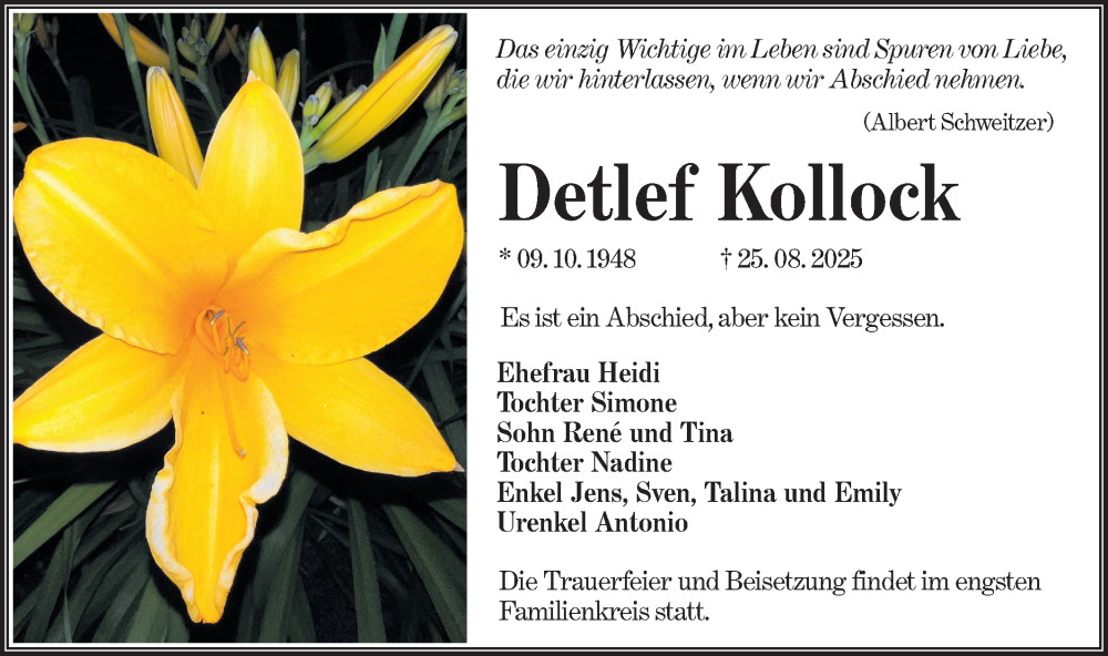  Traueranzeige für Detlef Kollock vom 30.08.2025 aus Lausitzer Rundschau
