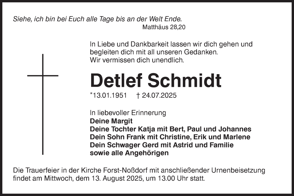  Traueranzeige für Detlef Schmidt vom 02.08.2025 aus Lausitzer Rundschau