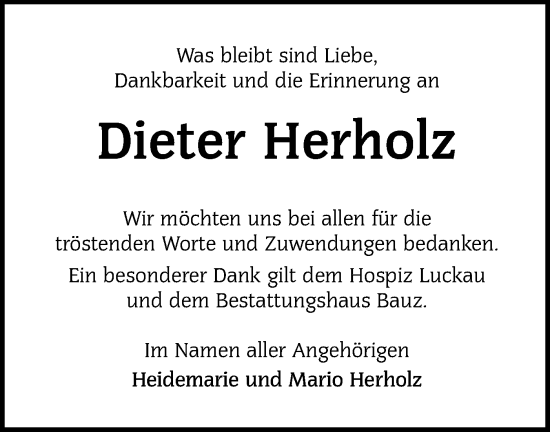Traueranzeige von Dieter  Herholz von Lausitzer Rundschau