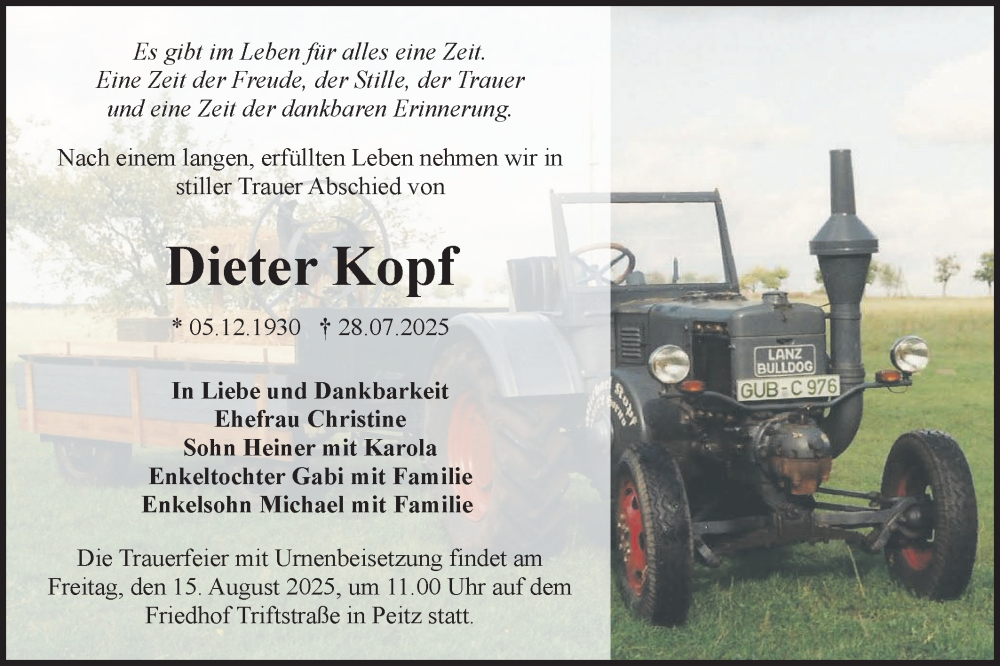  Traueranzeige für Dieter Kopf vom 09.08.2025 aus Lausitzer Rundschau