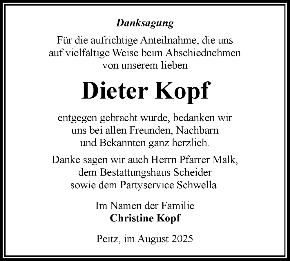  Traueranzeige für Dieter Kopf vom 30.08.2025 aus Lausitzer Rundschau