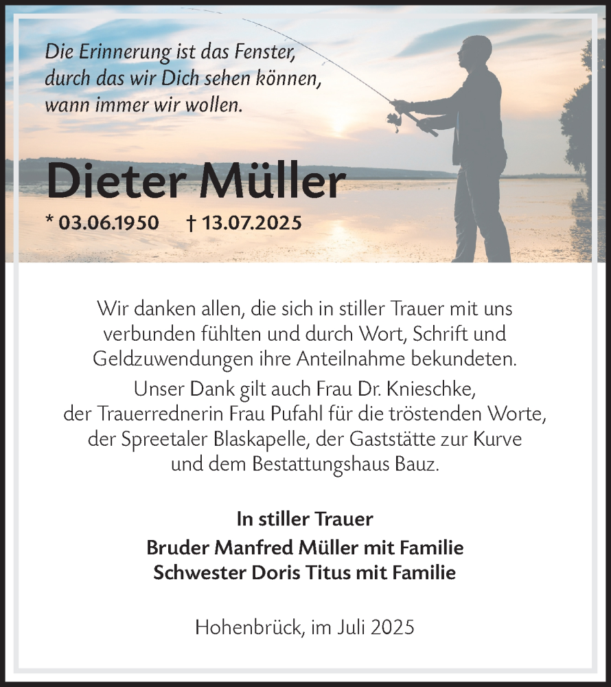  Traueranzeige für Dieter Müller vom 09.08.2025 aus Lausitzer Rundschau
