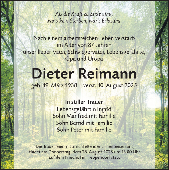 Traueranzeige von Dieter Reimann von Lausitzer Rundschau