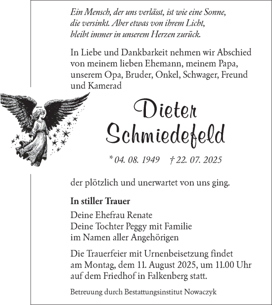 Traueranzeige von Dieter Schmiedefeld von Lausitzer Rundschau
