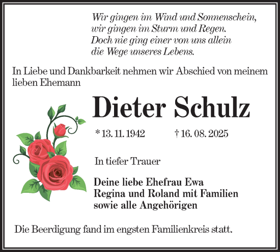 Traueranzeige von Dieter Schulz von Lausitzer Rundschau