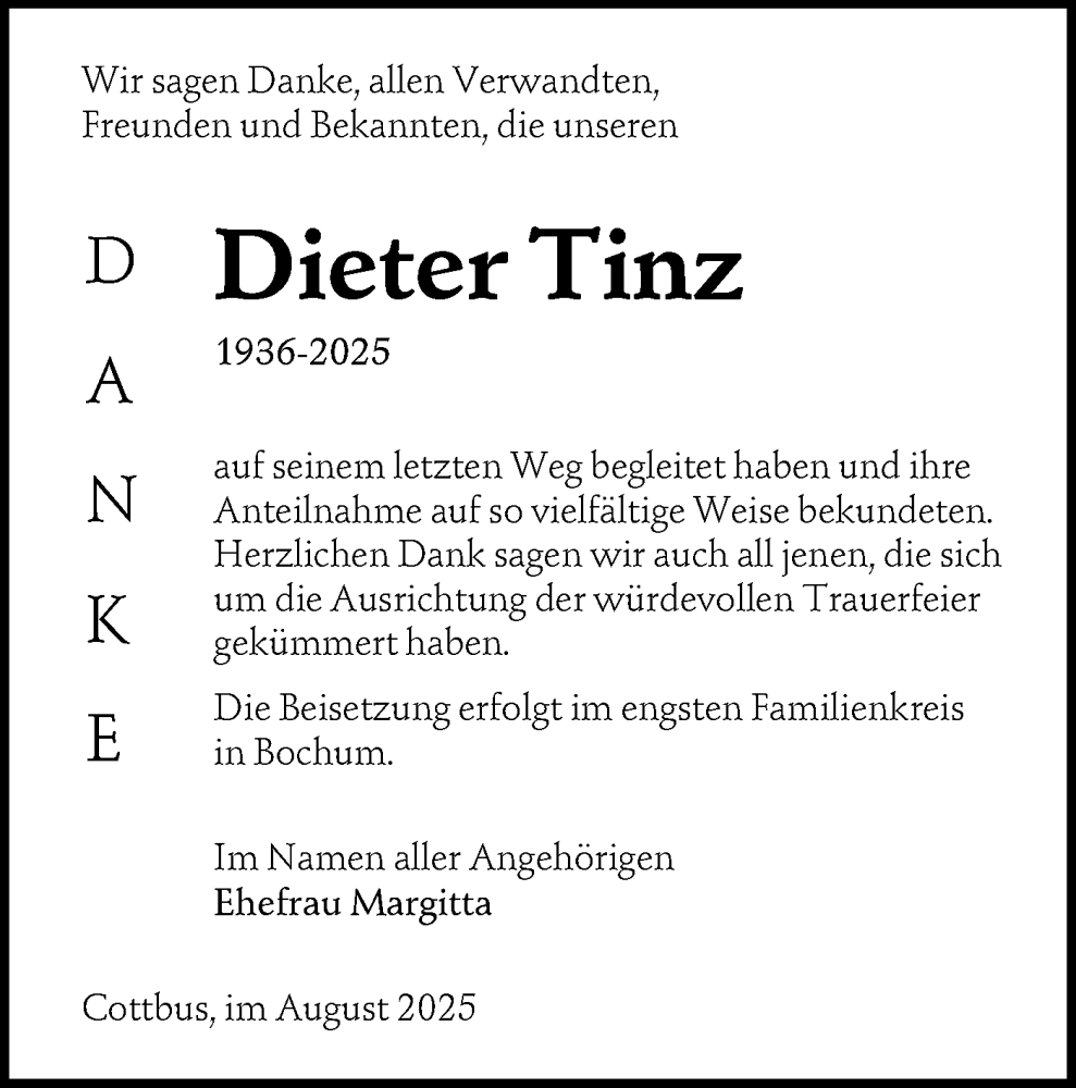  Traueranzeige für Dieter Tinz vom 09.08.2025 aus Lausitzer Rundschau