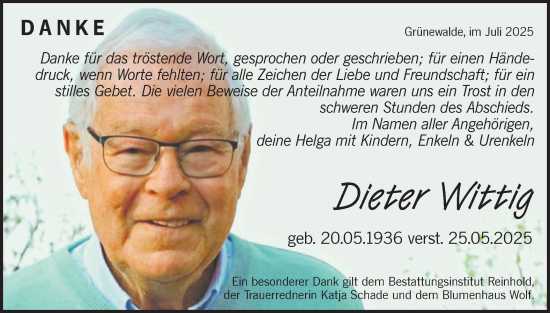 Traueranzeige von Dieter Wittig von Lausitzer Rundschau
