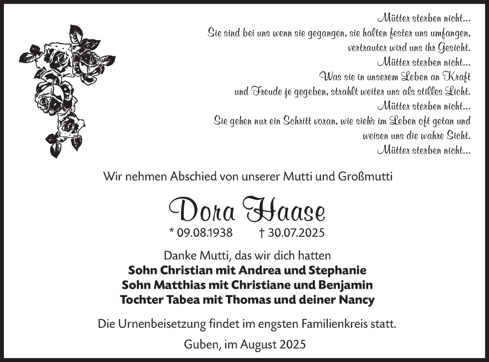  Traueranzeige für Dora Haase vom 09.08.2025 aus Lausitzer Rundschau