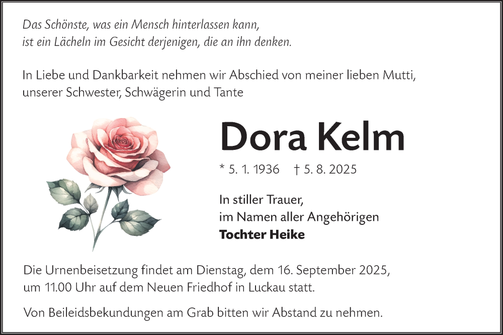  Traueranzeige für Dora Kelm vom 23.08.2025 aus Lausitzer Rundschau