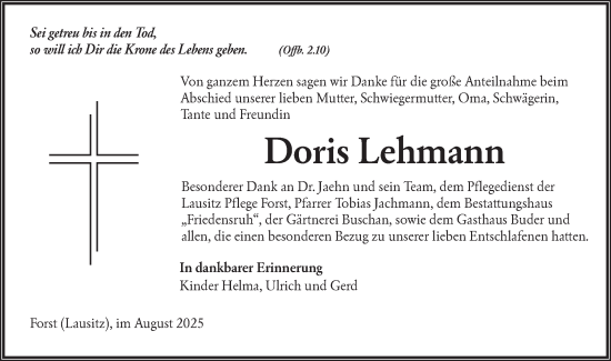 Traueranzeige von Doris Lehmann von Lausitzer Rundschau