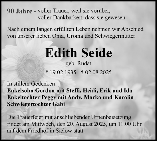Traueranzeige von Edith Seide von Lausitzer Rundschau