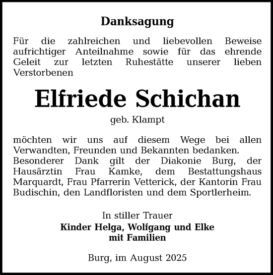 Traueranzeige von Elfriede Schichan von Lausitzer Rundschau