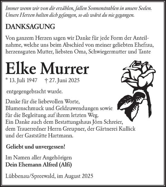 Traueranzeige von Elke Murrer von Lausitzer Rundschau