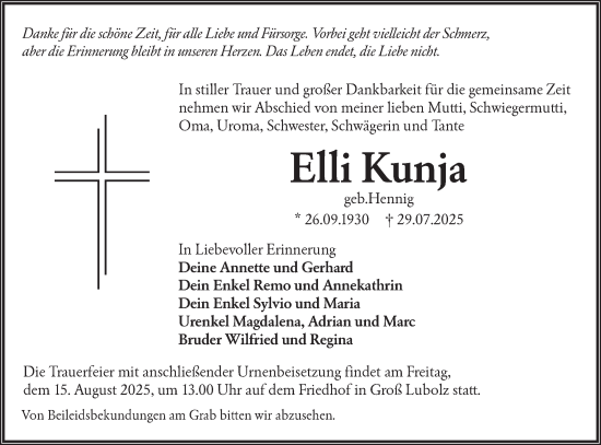 Traueranzeige von Elli Kunja von Ausg. LR Spreewald RS