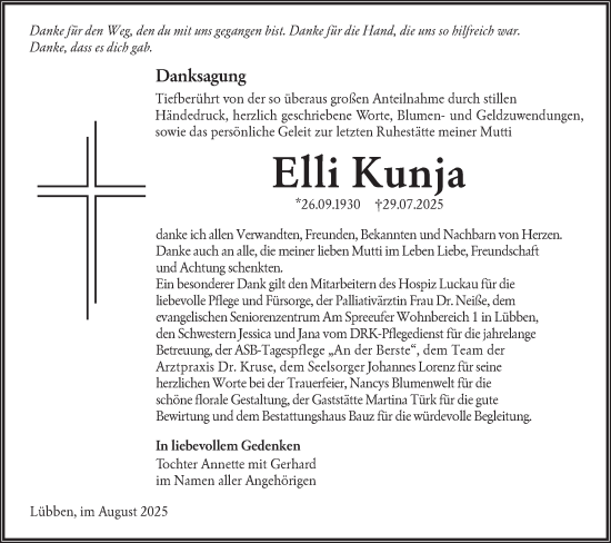 Traueranzeige von Elli Kunja von Ausg. LR Spreewald RS