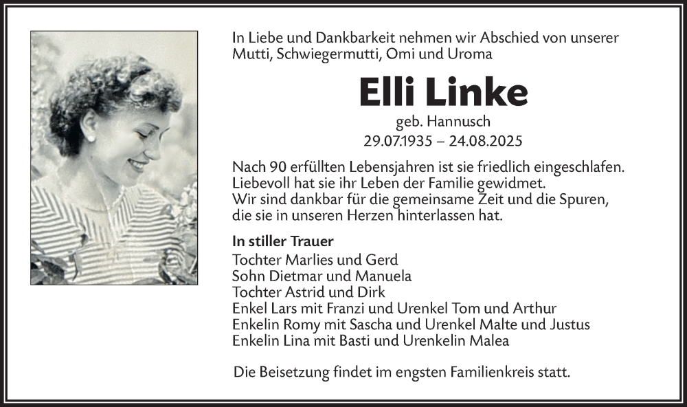  Traueranzeige für Elli Linke vom 30.08.2025 aus Lausitzer Rundschau