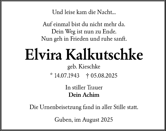 Traueranzeige von Elvira Kalkutschke von Lausitzer Rundschau