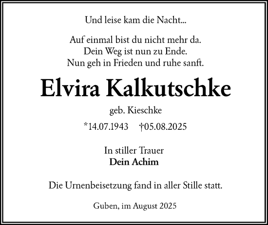 Traueranzeige von Elvira Kalkutschke von Lausitzer Rundschau